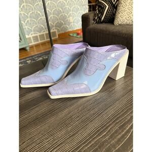 Jeffrey Campbell Lavender and Light Blue Croc-Accent Block Heel Mules